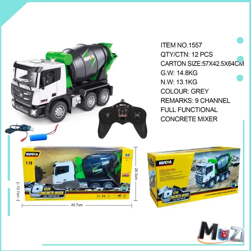Huina 1557 1:18, camión mezclador con Control remoto de nueve canales, vehículo de ingeniería de simulación, modelo eléctrico, juguete para regalo al aire libre para niños