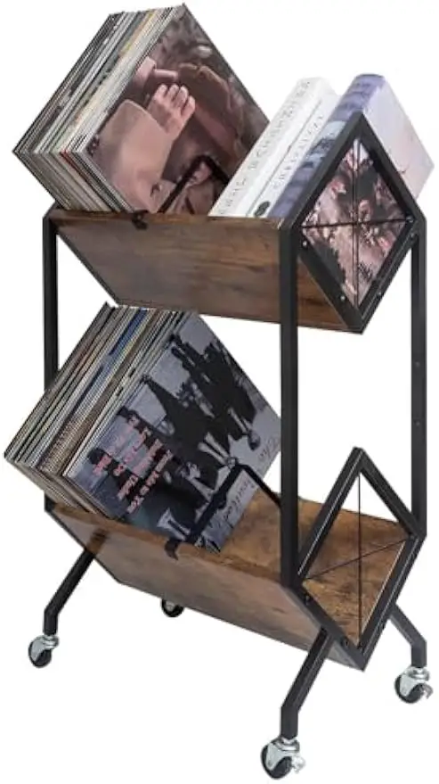 

2-Tier Rolling Vinyl Record Storage with Wheels, Holds 160-200 LPs, Retro Style Quick Assembly Display