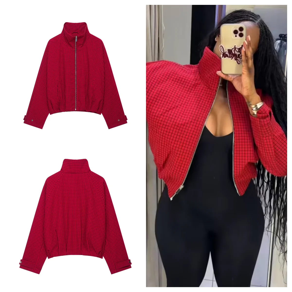 Guobioziy Women's Autumn Jacket 2026 New Fall Fashion Red Plaid Youth Travel Short Coat Casual Loose High-Neck Autumn Jacket