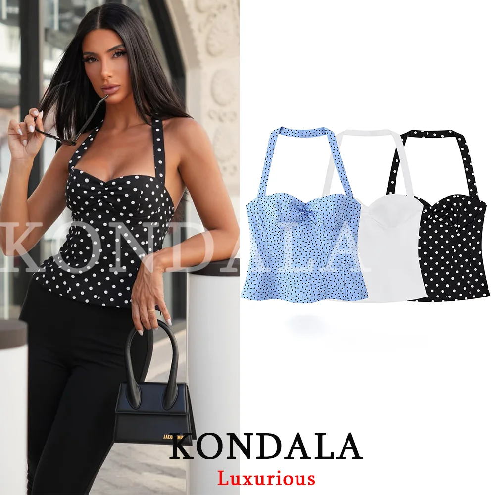 KONDALA Sexy Y2K Girl Halter Tops Corset Slim Polka Dot Print Short Tops Fashion 2026 Spring Summer Streetwear Holiday Beach Top