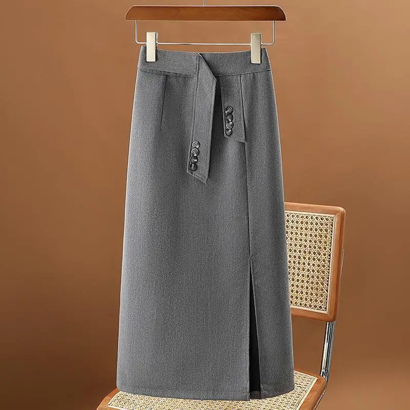 Summer New Professional Half Length Skirt for Women Knee Length Mid Length Small Height Split High Waist A-line Commuting Skirts