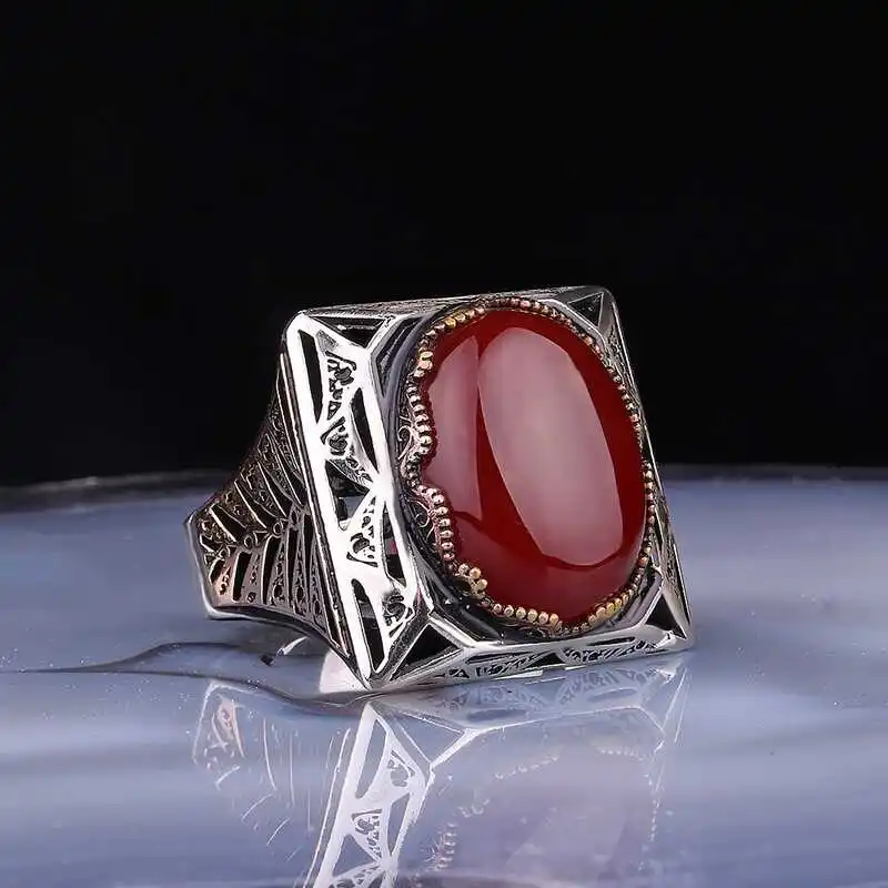 ​Silver Agate Stone Square Men's Ring 925 Sterling Men's Jewelry Wedding Birthday Gift - Box - Agate Stone - For Man - Fashion - Botiva - Size - Turkish - Patterned Embroidery