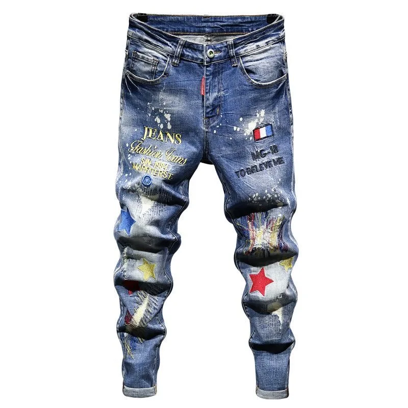 2024 Spring and Autumn Fashion Trend Printed Straight Leg Stretch Jeans Men's Casual Relaxed Breathable High-Quality Trousers