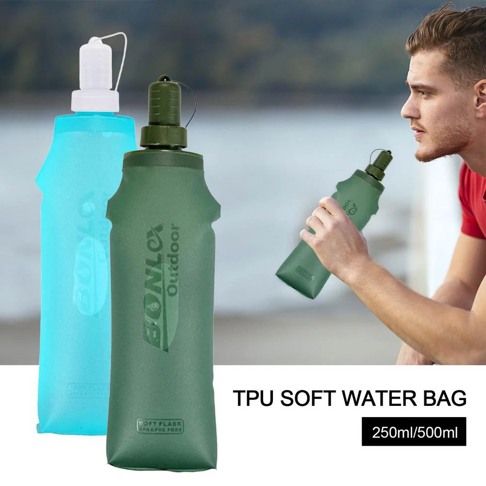 250ml/500ml Soft Folding Water Bottle With Lid Lightweight Collapsible Water Bag For Outdoor Running Sports