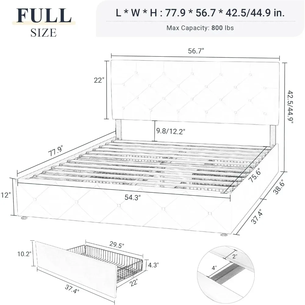 Upholstered full-size platform bed frame, 4 storage drawers, headboard, mattress base, no box springs required