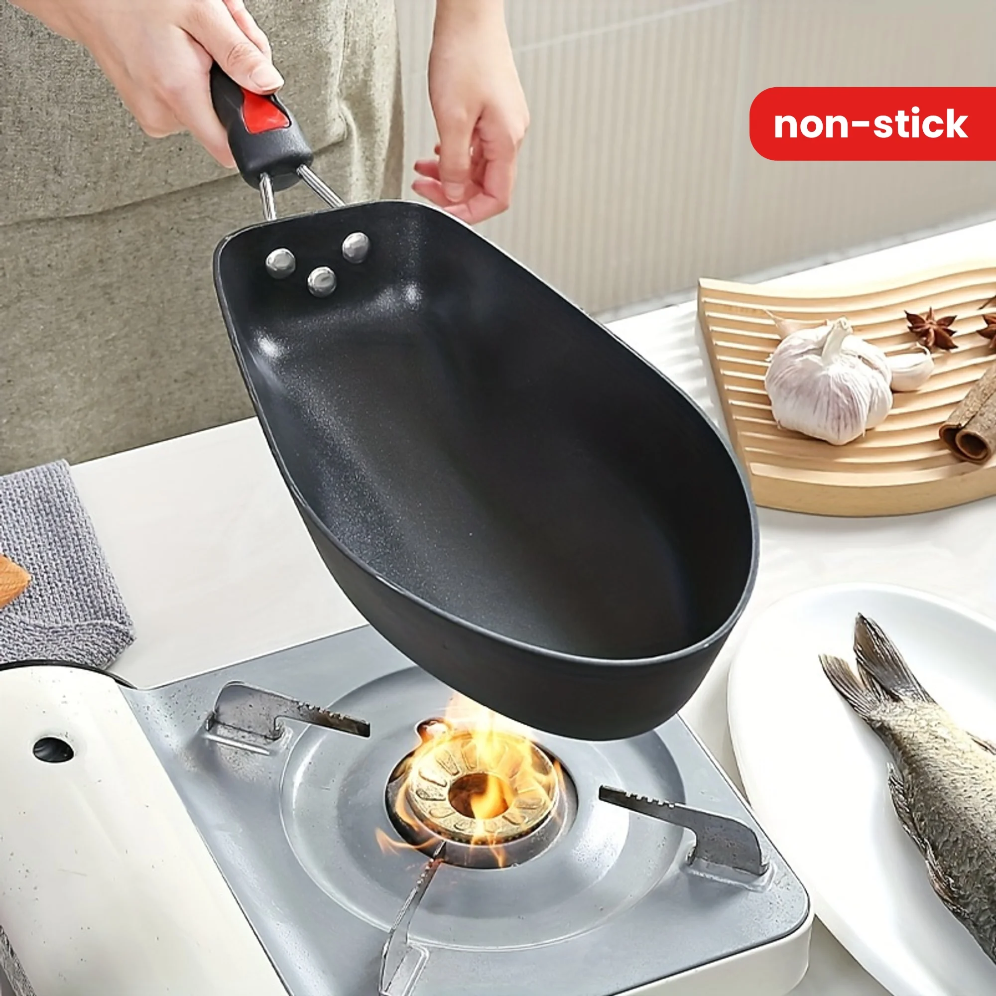3pcs Fish Pot with Fast Heat Conduction, Non-stick, fish-shaped pot body, Saving Oil and Time, Comes with Pot Lid and Spatula