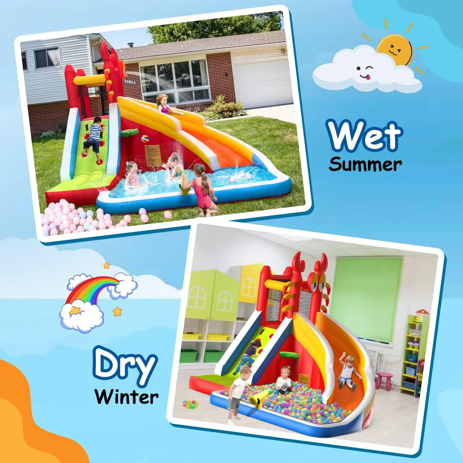 Large Inflatable Bounce House with Water Slide for Kids - Includes Splash Pool, Climbing Wall, Basketball Hoop & Water Gun for Indoor/Outdoor Backyard Parties - Comes with Air Blower, Repair Kit, Carrying Bag view 3