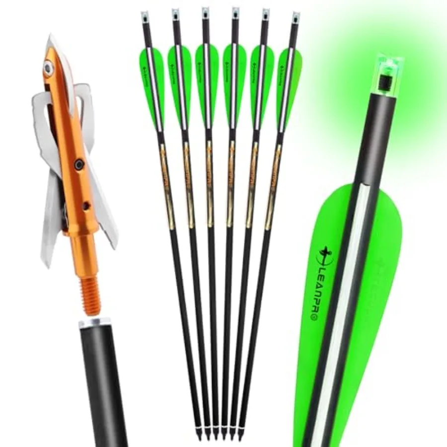 

20 inch Carbon Crossbow Bolts for Hunting with 100 Grain 2 Blade Mechanical Broadhead and 7.62mm Lighted Nocks in Black