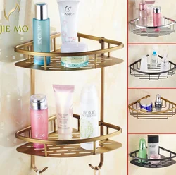 Brass Bathroom Gold Corner Shelving Net Basket Hotel Double Layer Shelving with Hook