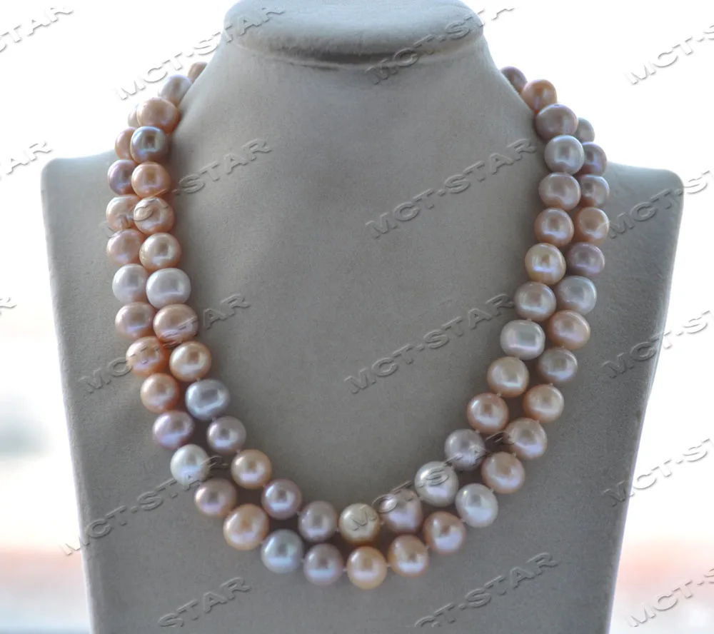 

Z12440 2Row 18" 12mm White Pink Lavender Round Freshwater Pearl Necklace CZ