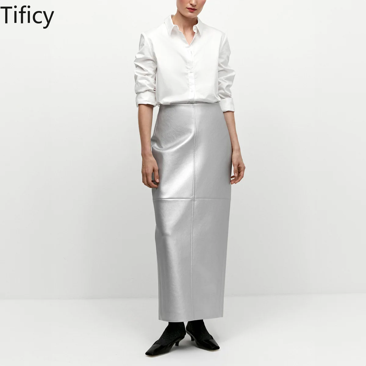 

TIFICY Women's PU Leather Half Skirt 2024 Spring Split Splicing Metallic Glossy Leather Wrap Buttocks Half Skirt