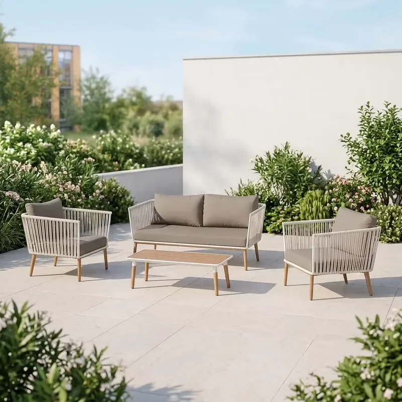 4 Pieces Modern PE Rattan Hotel Outdoor Conversation Set Wicker Patio Sofa Chair Coffee Table Weather-Resistant Garden