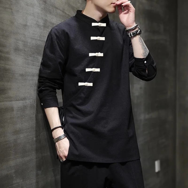 Spring and Autumn New Oriental Men's Shirt Hanfu Chinese Top Cotton Hemp Street Casual Vintage T-shirt