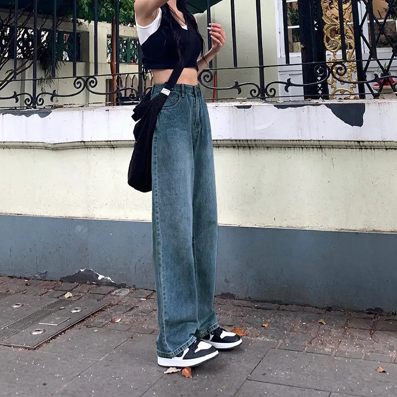 

Ретро джинсы с высокой талией и широкими штанинами для женщин, больших размеров, прямого кроя, в старинном стиле, свободного покроя, в пол, стройнящие, в стиле «папиных» брюк