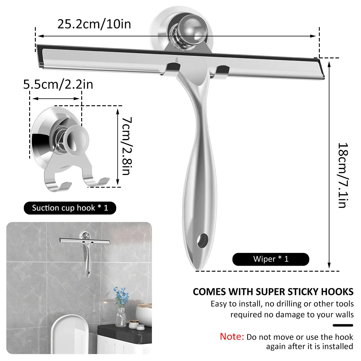 Shower Squeegee Stainless Steel Window Squeegee with Suction Cup Multi-Purpose Shower Wiper Bathroom Tile Cleaning athroom 1PC