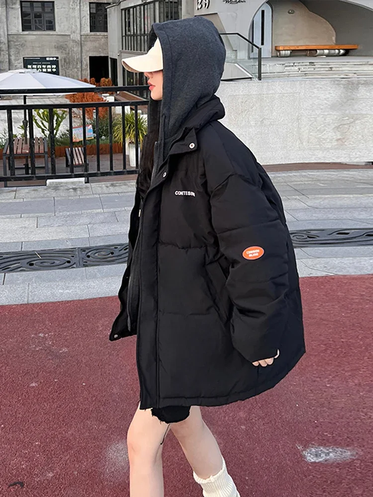 Women Korean Style Long Sleeve Oversize Winter Clothes 2024 New Jacket Short Parkas Hooded Solid Color Down Cotton Coat