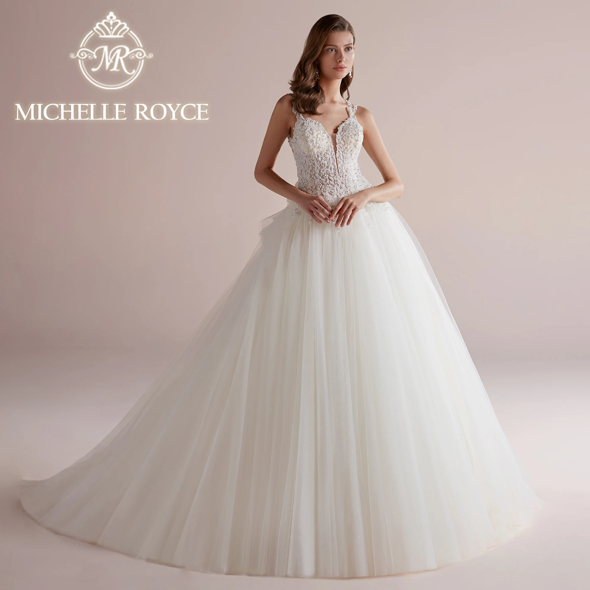 

Michelle Royce Ball Gown Wedding Dress 2024 Sweetheart Illusion Backless Appliques Flowers Tiered Wedding Gown Vestidos De Novia