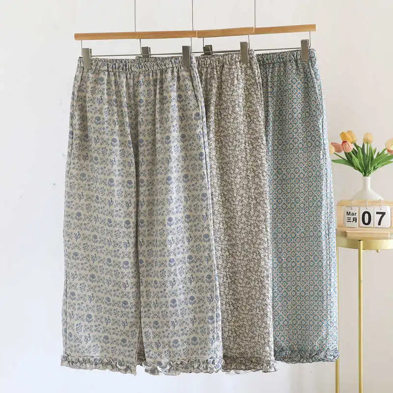 Sweet Ruffle Hem Women‘s Cotton Double Gauze Lounge Pants, Lightweight Breathable & Relaxed Fit, Versatile Summer Home & Casual
