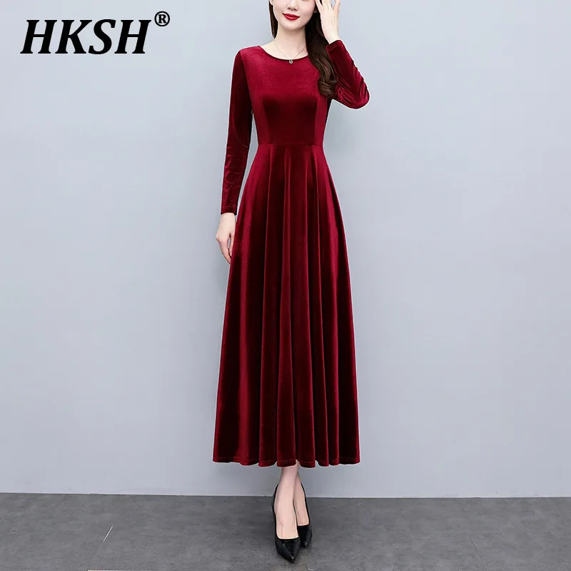 HKSH 2024 Autumn Winter New Women's Tide Style Gold Velvet Dress Large Size Fat Size Shrink Waist Thin Cover Belly A Line H2895