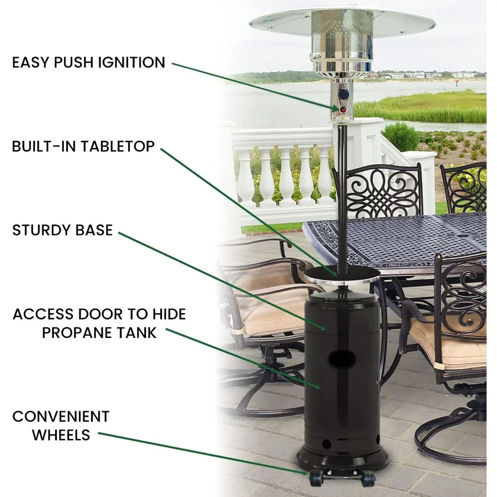 سخان فناء من البروبان بطول 7 أقدام مع وحدة حرارية بريطانية 48,000 وحدة حرارية بريطانية وغطاء مقاوم للماء وعجلات وإشعال بزر ضغط