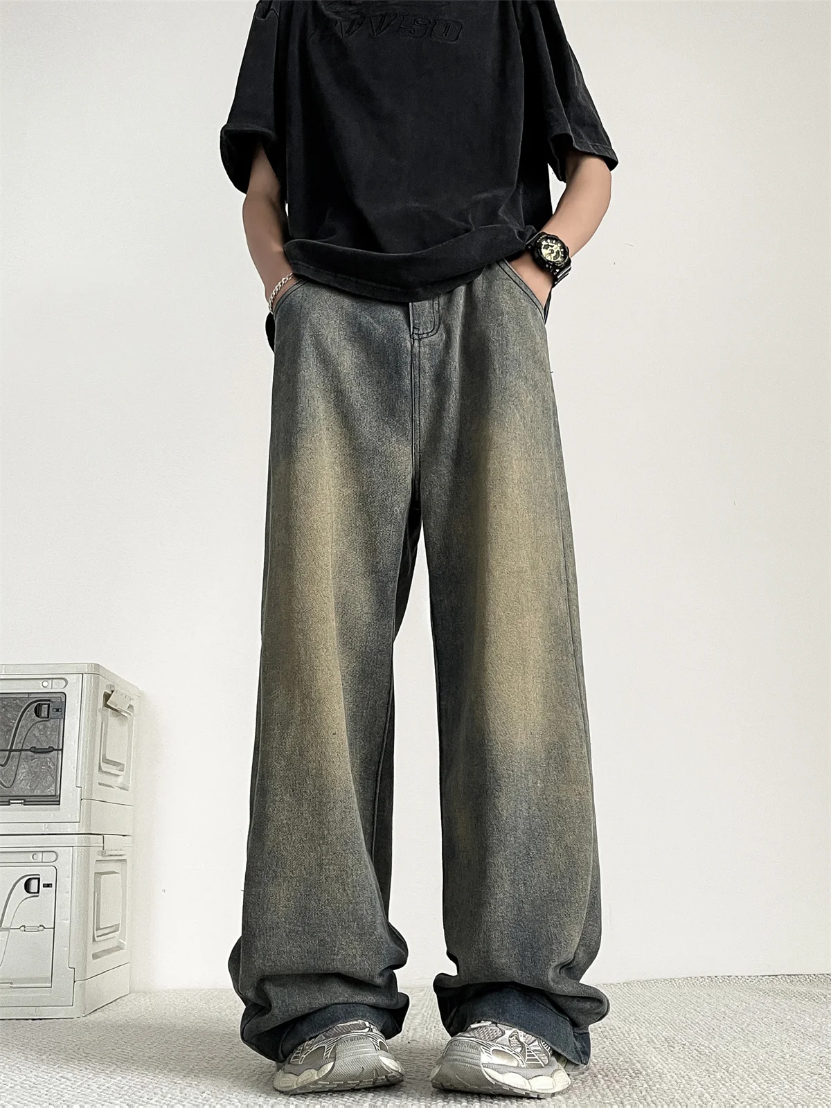 

Мужские джинсы в стиле ретро с эффектом потертости, американские, в стиле High Street, свободные, модные, длинные брюки, широкие штанины, повседневные, в пол