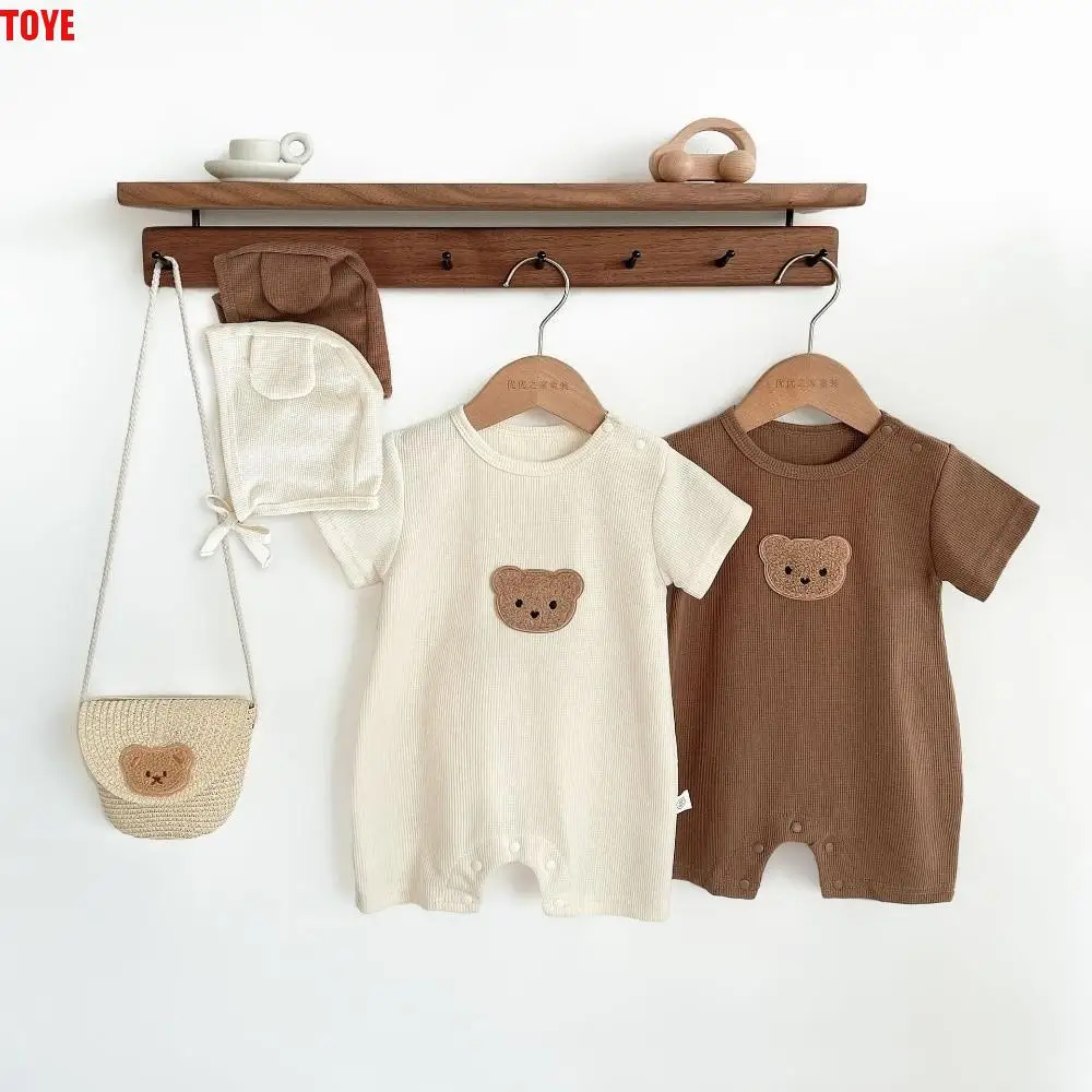 

Детский комбинезон с короткими рукавами, мягкая ткань, чистый хлопок, боди с мультяшным медведем, милый дизайн с медведем, вафельная текстура, детский комбинезон, одежда для младенцев