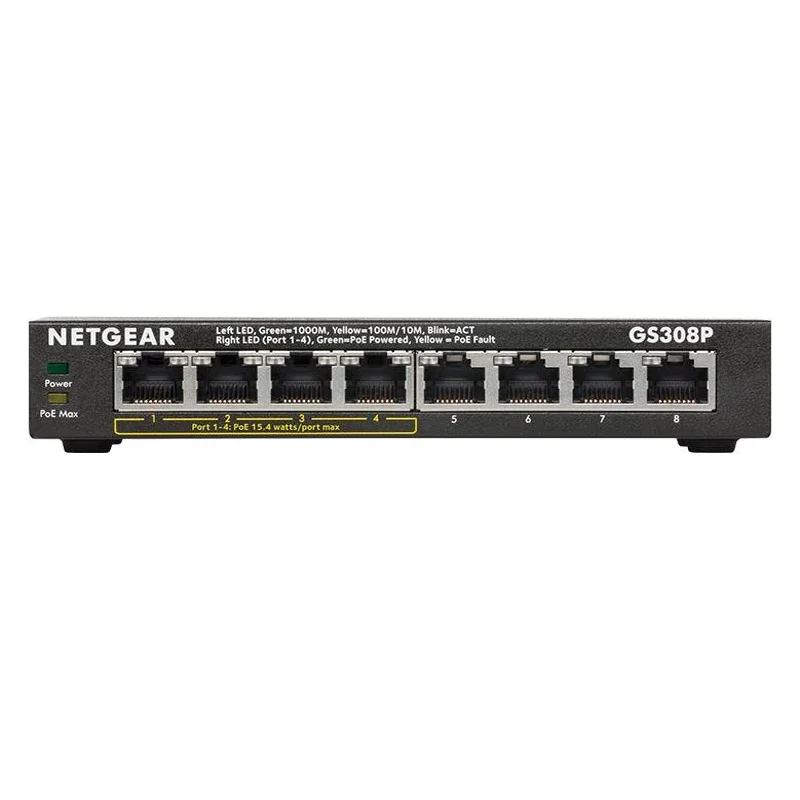 Netgear-switch ethernet gs308p, 8 portas gigabit ethernet soho, rede, poe, 4 portas, 53w