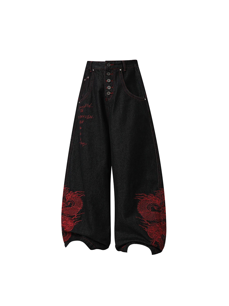 

TR Bruift American Heavyweight Red Dragon Totem Embroidered Button Denim Loose Floor-Length Wide Leg Pants