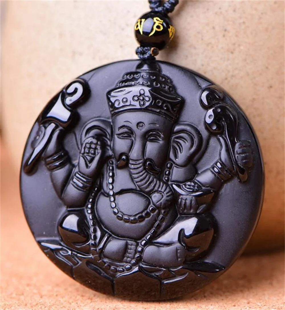 Beautiful Handwork Natural Black Obsidian Carved Elephant Nose God of Wealth Buddha Lucky Pendant + Beads Necklace Fine Jewelry