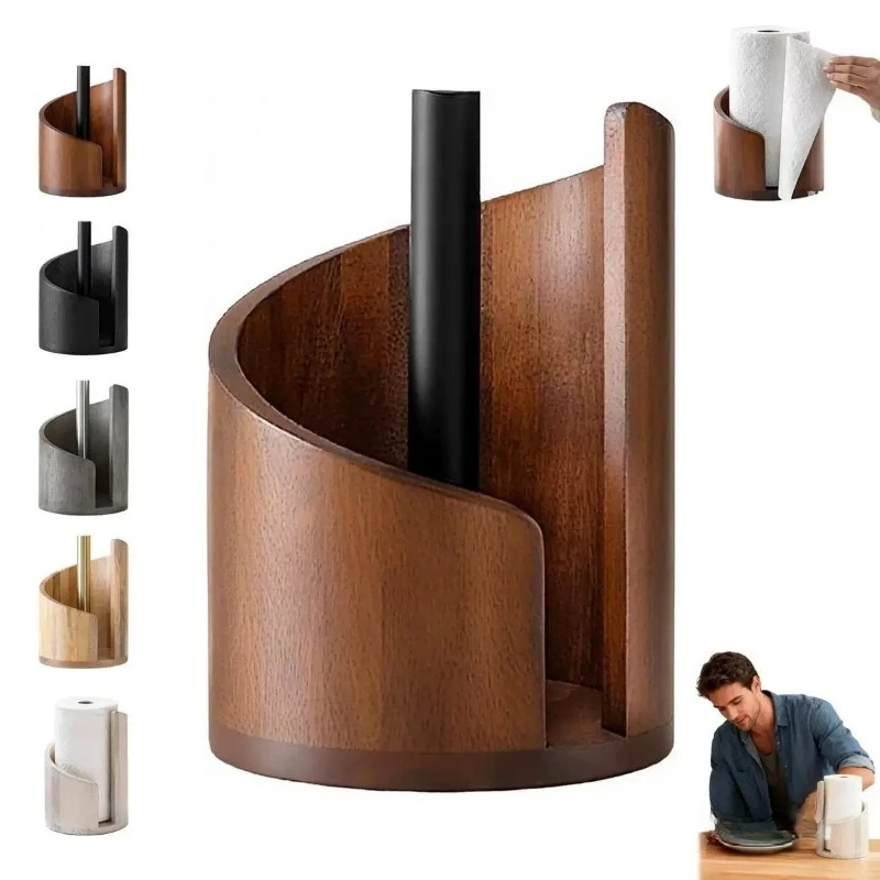 Paper Towel Holder Countertop with Wood Round Base and Iron Holder,Wooden Paper Towel Holder for Kitchen Dining Table Home Decor
