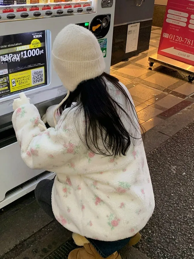 سترة قطنية كورية حلوة بنقشة زهور قابلة للارتداء على الوجهين للنساء، معطف قطني دافئ فضفاض بأسلوب كسول للخريف والشتاء