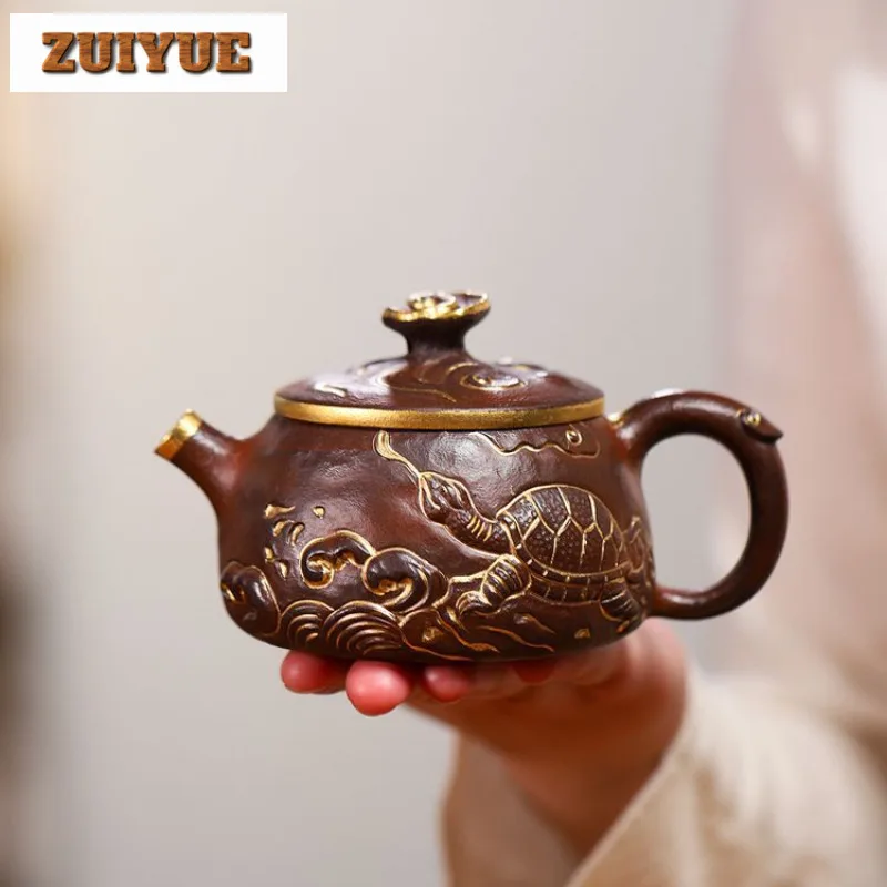 

200ml Traditional Yixing Purple Clay Teapots Handmade Gold Drawing Pot Raw Ore Purple Mud Kettle Chinese Zisha Tea Set Drinkware