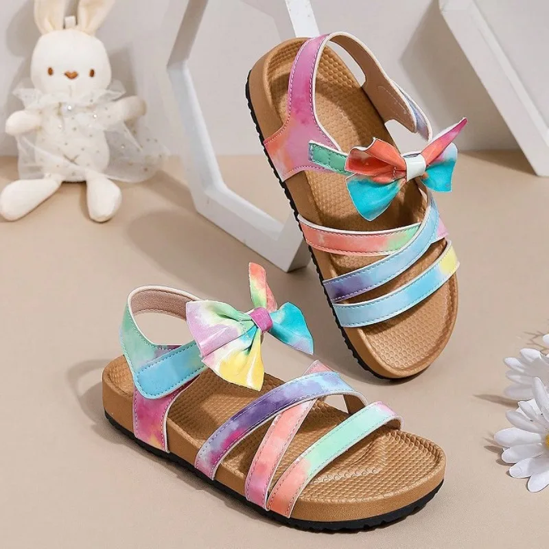 

Toddler Girls Tie Dye Sandals Bow Open Toe Summer Kids Sandals Comfortable Soft Sole Children's Shoes for Beach & Casual Wear