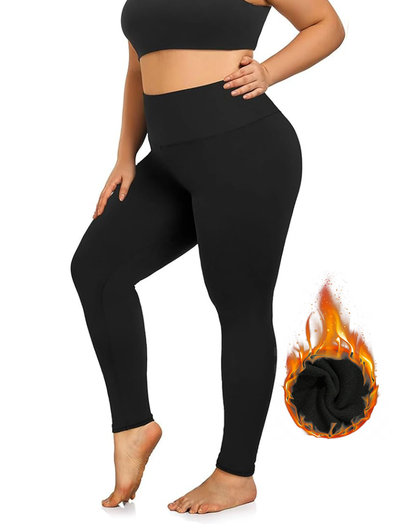 Autumn And Winter Solid Color Plus-size Nine-point Pants Black High-waisted Tight-fitting Leggings And Fleece Thick-legged Pants