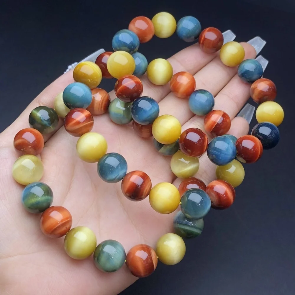 

Fengbaowu Natural Colorful Tiger Eye Bracelet Round Beads Reiki Healing Stone Women Men Jewelry Gift