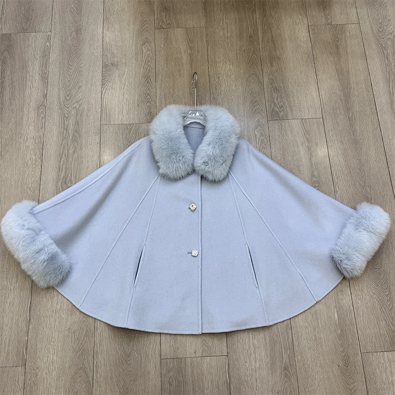 2025 Winter Natürliche Echtpelz Fuchs Pelz Kragen Mantel Kaschmir Wolle Woolen Mantel Frauen Jacke Luxus Outwear Schal Weiblichen Mantel