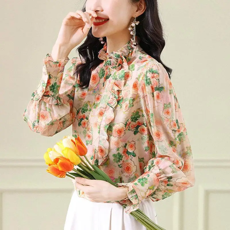 2023 New Spring Fashion Light Luxury Celebrity Wood Ear Edge Unique Fragmented Flower Shirt Temperament Commuter Women's Tops