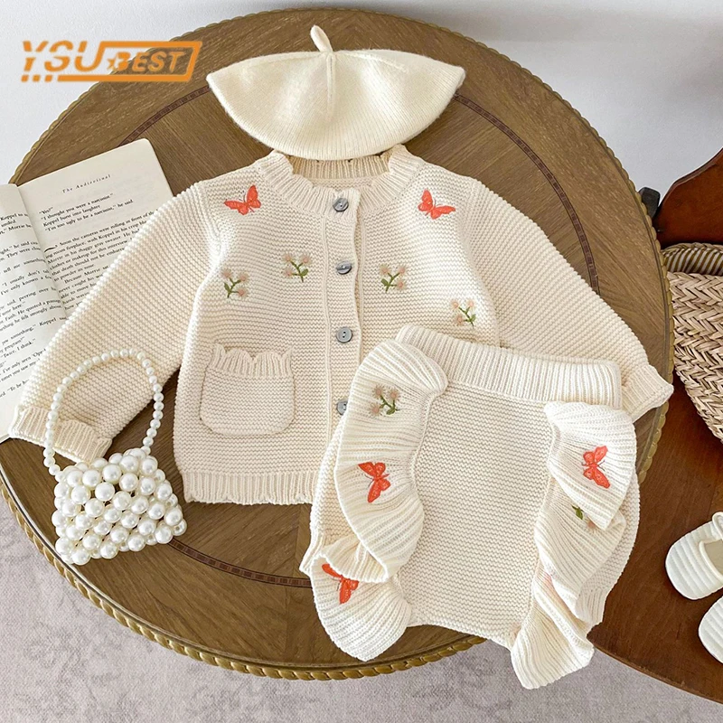 

Infant Baby Girls Long Sleeve Bowknot Embroider Knit Cardigan Coat + Shorts Clothing Sets Autumn Kids Girl Suit Clothes 0-3Yrs