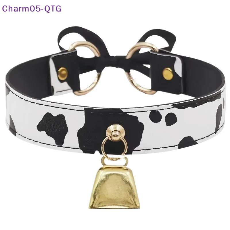 Gothic Sweet Bow Necklaces Sexy Leather Cow Print Bell Pendant Collar Choker Necklace For Women Punk Cosplay Party Jewelry Gifts