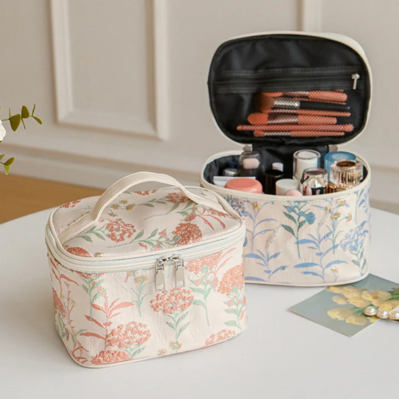 Ins New Floral Embroidered Makeup Bag Women's Storage Box Premium Travel Washbag Storage Bags Square Cosmetic Handbags