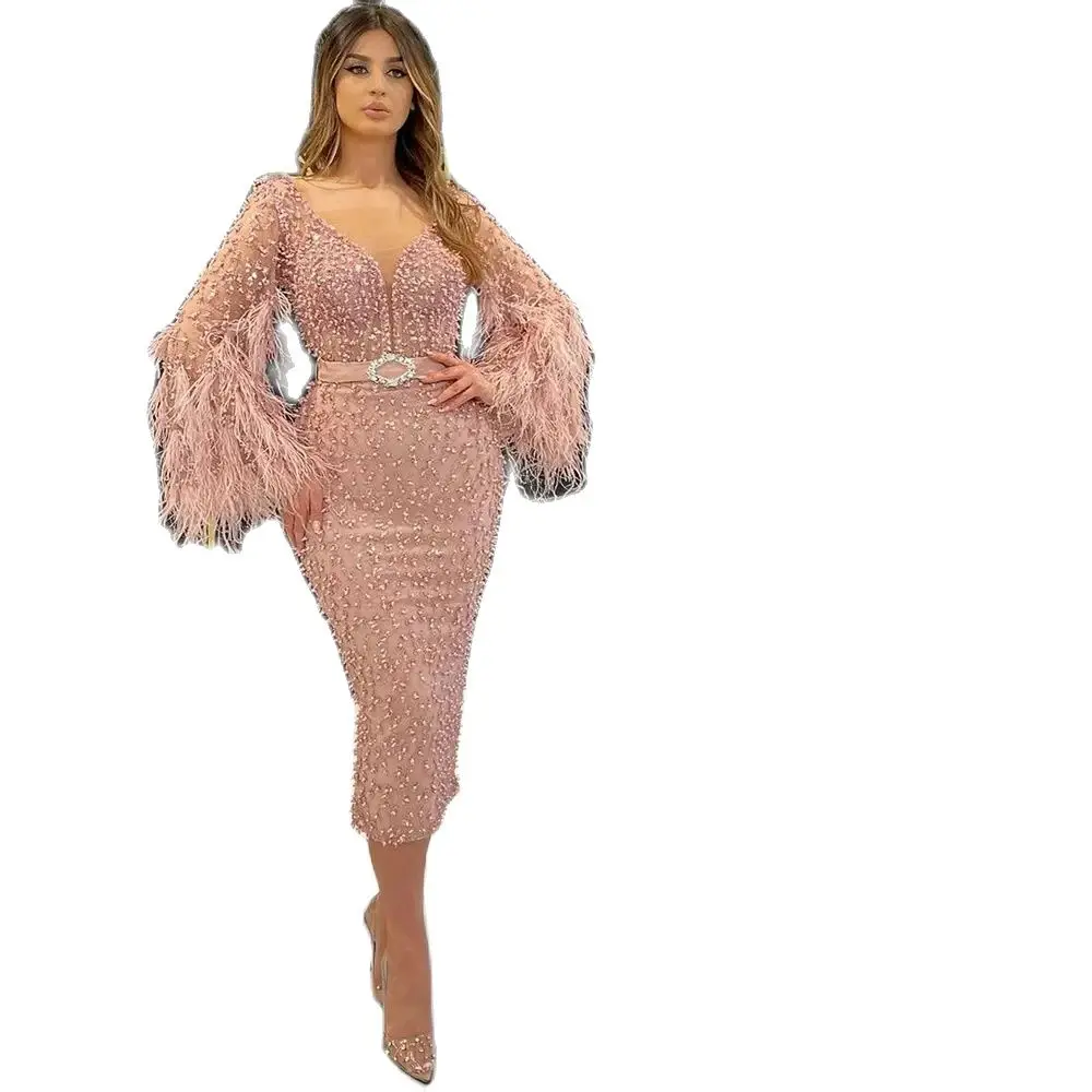 Luxury Blush Pink Prom Dresses 2024 Long Sleeves Wedding Party Dresses Feathers Mid Calf Length Evening Gowns Beading Sheer Neck