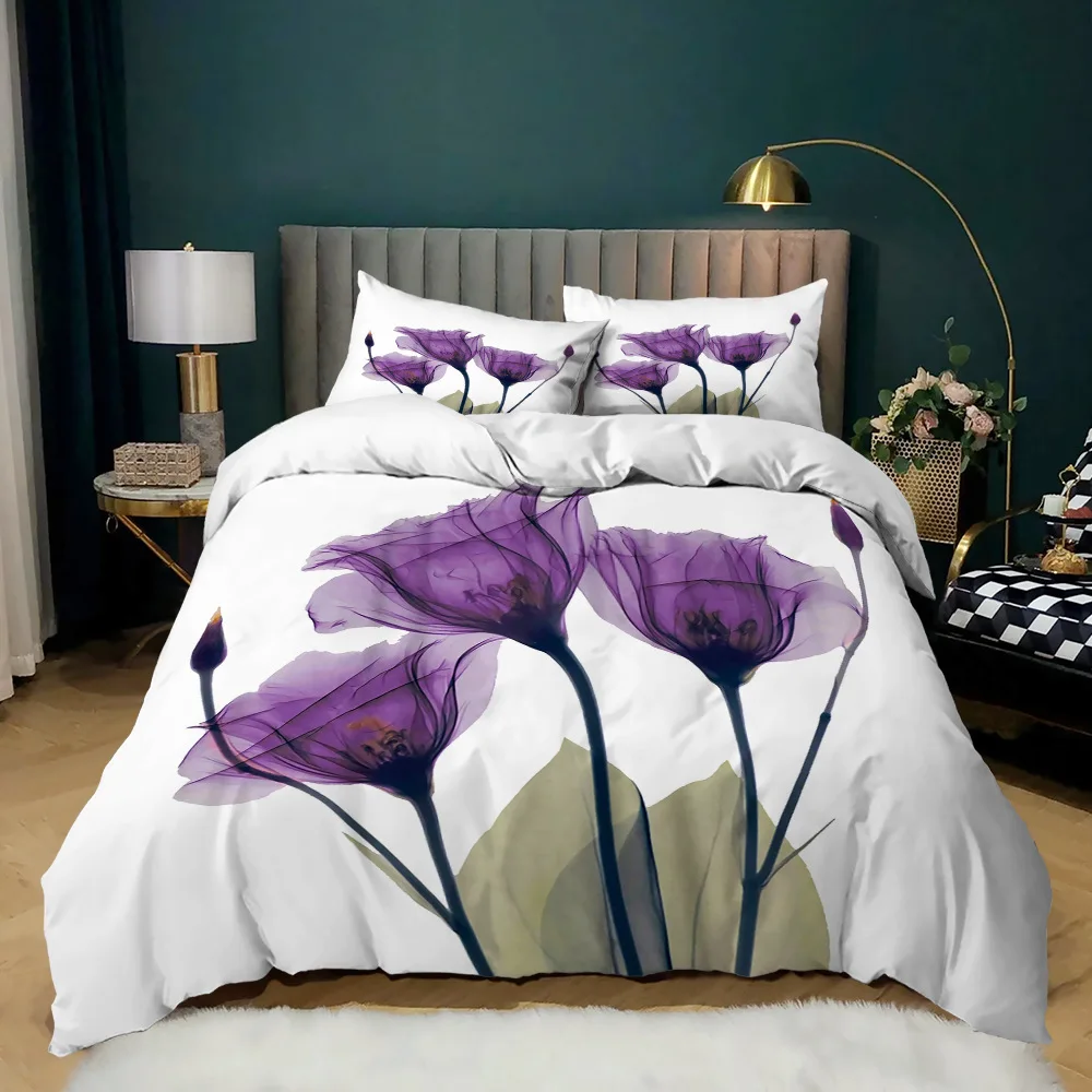 

White Purple Floral with Branch Morning Glory Duvet Cover Set. For Girls and Women, available in King/Queen Sizes