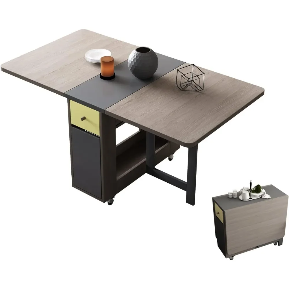 

Folding Dining Table with Storage Rack and 2 Drawers, Movable Kitchen Table Extendable Versatile Table in 3 Forms