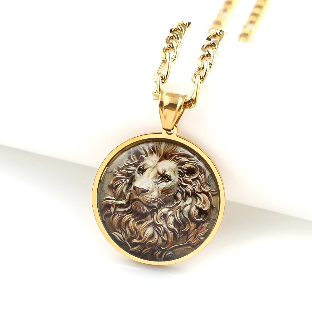 Vintage Lion King Head Glass Round Medal Pendant Necklace for Women Men Gold Plated Stainless Steel Animal Lover Chain Jewelry - view 3
