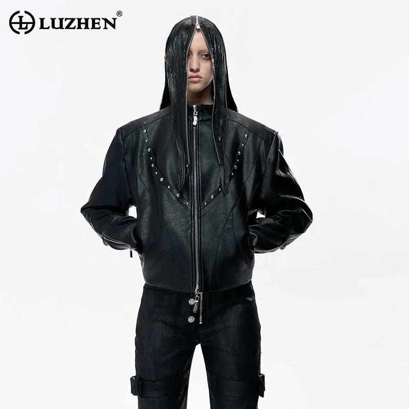 LUZHEN Design 2026 New Original Personalized Double Zipper Back Solid Color Stand Neck Leather Jacket Men's Trendy Coat JY8430