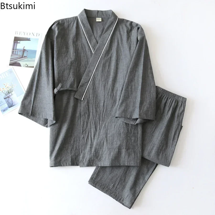 New 2024 Men\'s Solid Japanese Kimono Pajamas Casual Sleepwear Male Lace-Up Top and Pants Sets Soft Two-piece Homewear Suit Male