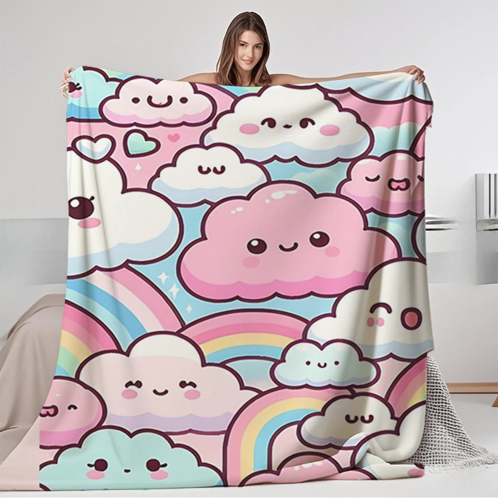 

No-shedding Flannel Blanket Kawaii Clouds And Rainbows Abstract Design Thermal Blanket Hospitality Bedding Anti-pilling Blankets