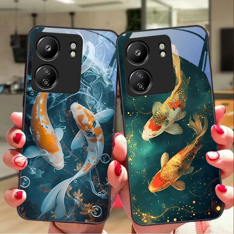 

Chinese Wind Fish For Xiaomi Redmi 13C Note13 12 Pro Plus 5G Note 9 13T Pro POCO X6 F5 F6 Black tempered glass phone case