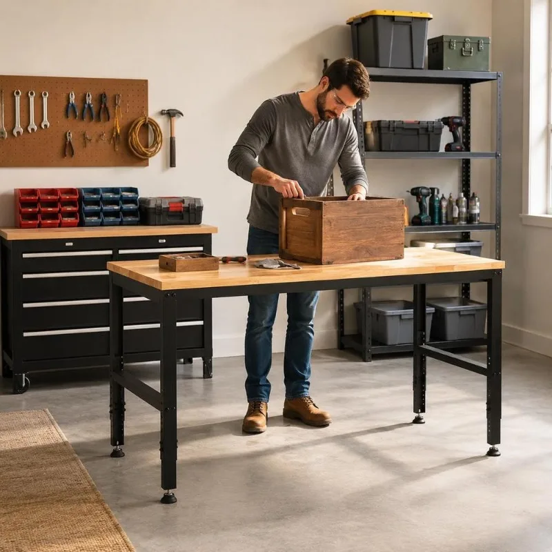 Établi de travail multifonctionnel 122 x 61 x 97 cm, plateau en chêne massif, cadre en acier laminé à froid, couleur marron, hauteur réglable de 72 à 97 cm, capacité de charge de 900 kg, robuste, pour garage et atelier de travail.