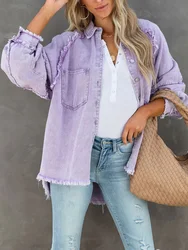 New 2024 Autumn Spring Women Solid Shirt Blusa Retro Denim Loose Korean Female Buttons Tops Vintage Casual Long Sleeve Blouses